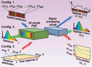 FIGURE 2. Multiple experimental configurations can be established using a single 32-anode PMT. In configuration 1 (top), the light intensity at many widely separated locations is measured simultaneously. In configuration 2 (center), the spectral lineshape can be recorded simultaneously in a manner similar to that of a CCD camera, and in configuration 3 (bottom), the temporal response at several different wavelengths can be measured simultaneously.