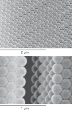 An organic photonic crystal (PC) used to effect optical switching is composed of polystyrene spheres with a diameter of 240 nm. Subpicosecond switching at visible wavelengths is achieved by a shift of the photonic bandgap under optical pumping. The surface structure (top) and cross section (bottom) of the organic PC is revealed through scanning-electron microscopy. An organic photonic crystal (PC) used to effect optical switching is composed of polystyrene spheres with a diameter of 240 nm. Subpicosecond switching at visible wavelengths is achieved by a shift of the photonic bandgap under optical pumping. The surface structure (top) and cross section (bottom) of the organic PC is revealed through scanning-electron microscopy.