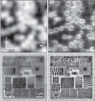 A fluorescent pattern was imaged with diffraction-limited confocal microscopy (upper left) and STED microscopy (upper right), which images below the diffraction limit. Patterns written in dyed PMMA by an electron beam were imaged confocally (lower left) and by STED (lower right); in this case, both images were enhanced by linear Wiener filtering.