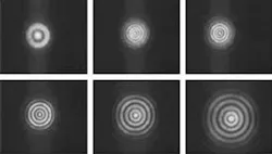 A 1-mm-diameter axicon produces a Bessel beam useful for optical trapping. Its intensity profile was measured at distances of 2.5, 10, and 12 cm (top left to right); and 16, 20, and 25 cm (bottom left to right). The propagation-invariant distance, within which the center spot remained approximately the same in diameter (80 µm), was measured to be about 20 cm. A 1-mm-diameter axicon produces a Bessel beam useful for optical trapping. Its intensity profile was measured at distances of 2.5, 10, and 12 cm (top left to right); and 16, 20, and 25 cm (bottom left to right). The propagation-invariant distance, within which the center spot remained approximately the same in diameter (80 µm), was measured to be about 20 cm.