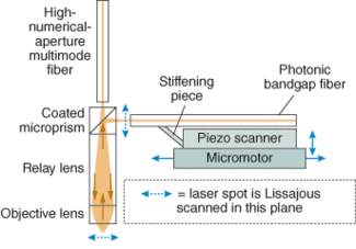 The imaging head of a two-photon fluorescence microendoscope developed at Stanford University comprises a GRIN probe, a micromotor, and a flexible photonic-bandgap fiber.