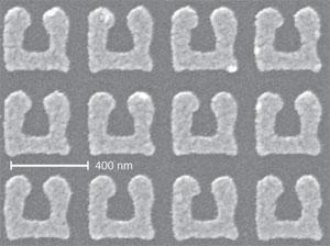 FIGURE 1. A metamaterial with nanoscale feature sizes has a magnetic resonance for 3-&micro;m light-an important step &shy;toward the fabrication of a negative-refractive-index material at that wavelength.
