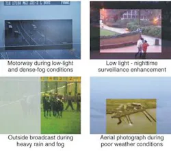 FIGURE 5. Real-time pixel-by-pixel image enhancement cuts through fog and haze; the distance-based scattering-compensation algorithm operates on each color (red, blue, and green) separately. FIGURE 5. Real-time pixel-by-pixel image enhancement cuts through fog and haze; the distance-based scattering-compensation algorithm operates on each color (red, blue, and green) separately.