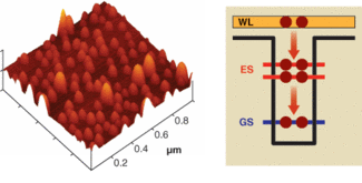 FIGURE 1. Atomic-force microscopy shows a QD array (InAs on GaAs) for emission at 1300 nm (left). Schematic diagram of conduction band of a single QD, simplified for clarity, shows only two sets of energy levels: 'ground state' (GS) and 'excited state' (ES), analogous to the atomic s and p shells (right).
