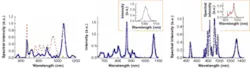 FIGURE 2. For 0.3-nJ input pulses, the input spectrum (above, dashed line) for a 20-cm length of fiber 2 is compared with the output (above, solid line). The output spectrum has developed a red-shifted maximum. Continuous tuning to the red can be realized by increasing the fiber length. A 23-cm length of fiber 1 produces a soliton spectrum for the output peak centered at 1060 nm (center, inset). In addition, the shape of the input spectrum—changeable by the dispersion characteristics of the laser mirrors—influences the position of the isolated peak (right ). The other peaks emerge from further nonlinear interactions or are higher-order fiber modes, and can be readily filtered out. FIGURE 2. For 0.3-nJ input pulses, the input spectrum (above, dashed line) for a 20-cm length of fiber 2 is compared with the output (above, solid line). The output spectrum has developed a red-shifted maximum. Continuous tuning to the red can be realized by increasing the fiber length. A 23-cm length of fiber 1 produces a soliton spectrum for the output peak centered at 1060 nm (center, inset). In addition, the shape of the input spectrum—changeable by the dispersion characteristics of the laser mirrors—influences the position of the isolated peak (right ). The other peaks emerge from further nonlinear interactions or are higher-order fiber modes, and can be readily filtered out.