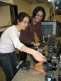 Jelena Vučković (right) and Hatice Altug combined multiple photonic-crystal nanocavity lasers into 2-D arrays to produce single-mode output signals at power levels two orders of magnitude greater than with single-nanocavity lasers. Jelena Vučković (right) and Hatice Altug combined multiple photonic-crystal nanocavity lasers into 2-D arrays to produce single-mode output signals at power levels two orders of magnitude greater than with single-nanocavity lasers.