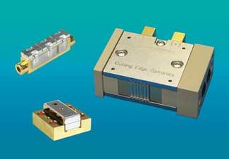 FIGURE 1. Common types of high-powered diode array packages include conductively cooled (upper left), water-cooled (lower left), and microchannel-cooled (right) heat exchangers.