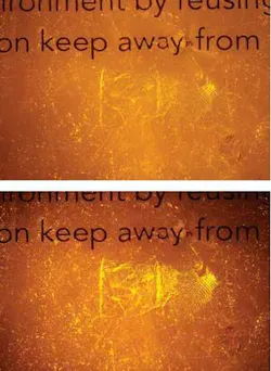 Lamp illumination is traditionally used for fingerprint detection at crime scenes (top), but laser illumination can significantly improve visibility of fingerprints (bottom). Lamp illumination is traditionally used for fingerprint detection at crime scenes (top), but laser illumination can significantly improve visibility of fingerprints (bottom).