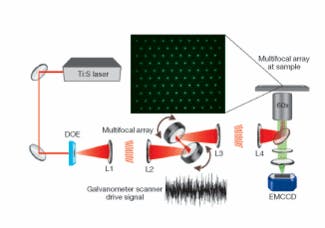 FIGURE 1. In the SS-MMM setup, a multifocal array created by a diffractive optical element (DOE) is scanned by a two-mirror galvanometer. Separate waveforms stochastically drive each axis. The inset shows a multiphoton-fluorescence image of the array (6 &micro;m spot spacing) generated in a solution of Rhodamine 6G at the sample focal plane.