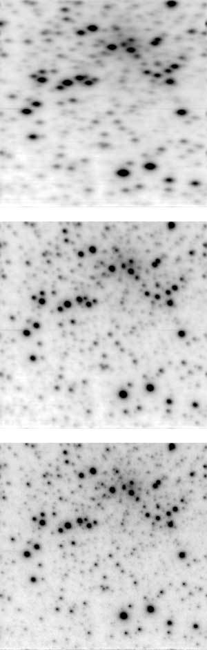 A conventional telescope image of the globular cluster M15 (5000 frames, 60 ms exposure time for each) at the Calar Alto observatory shows a point-spread function with a full-width at half-maximum (FWHM) angular size of 730 &times; 430 milliarcsec, considered very good at Calar Alto (top). A tip-tilt-corrected image of all 5000 frames has a FWHM of 390 milliarcsec (center). The AstraLux lucky-imaging approach is then applied, in which a combination of the best 250 images results in a FWHM of 110 milliarcsec (bottom; the high-resolution results for some of the brighter stars are masked by overexposure).