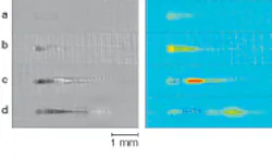 Femtosecond pulse propagation in air, water, and carbon disulfide (CS2) can be captured and compared using a holographic technique with high spatial and temporal resolution. With water as the medium, holographic amplitude (left) and phase (right) information clearly show the pulse propagation with relative time delays of 0.0 ps (a), 0.7 ps (b), 1.3 ps (c), and 2.3 ps (d). The red color in the phase images corresponds to positive index changes, while the dark blue corresponds to negative index changes. Each pulse image is 4 mm (horizontal) by 1 mm (vertical). Femtosecond pulse propagation in air, water, and carbon disulfide (CS2) can be captured and compared using a holographic technique with high spatial and temporal resolution. With water as the medium, holographic amplitude (left) and phase (right) information clearly show the pulse propagation with relative time delays of 0.0 ps (a), 0.7 ps (b), 1.3 ps (c), and 2.3 ps (d). The red color in the phase images corresponds to positive index changes, while the dark blue corresponds to negative index changes. Each pulse image is 4 mm (horizontal) by 1 mm (vertical).