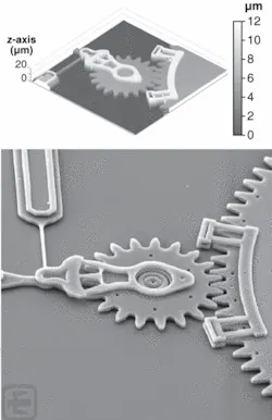 A multipurpose interferometric tool characterizes MEMS devices, measuring surface-profile via Michelson, Mirau, and scanning-white-light interferometry, and velocity (for vibration and resonant-mode analysis) with a heterodyne interferometric vibrometer. Here, scanning-white-light interferometry is used to obtain the 3-D profile (top) of a MEMS engine (bottom, scanning-electron micrograph). With a coherence length on the order of a micron, the white-light interferometer is stepped in small axial increments to build up the 3-D profile, which is then visualized via software. A multipurpose interferometric tool characterizes MEMS devices, measuring surface-profile via Michelson, Mirau, and scanning-white-light interferometry, and velocity (for vibration and resonant-mode analysis) with a heterodyne interferometric vibrometer. Here, scanning-white-light interferometry is used to obtain the 3-D profile (top) of a MEMS engine (bottom, scanning-electron micrograph). With a coherence length on the order of a micron, the white-light interferometer is stepped in small axial increments to build up the 3-D profile, which is then visualized via software.