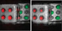 FIGURE 2. To demonstrate refl ected-light and fl uorescence-light holography, two dice are positioned at different physical locations from the FINCH setup and illuminated with blue light. Holograms for each emission color are recorded by the FINCH technique and combined to produce an image of the 3-D object. FIGURE 2. To demonstrate refl ected-light and fl uorescence-light holography, two dice are positioned at different physical locations from the FINCH setup and illuminated with blue light. Holograms for each emission color are recorded by the FINCH technique and combined to produce an image of the 3-D object.