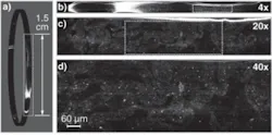 A section of swine intestinal tissue is displayed at 1× (a), 4× (b), 20× (c), and 40× (d) magnification levels using a spectrally encoded confocal-microscopy technique. Dotted rectangles in each image represent the zoomed regions of interest. This technique can image a 4 × 4 cm subsurface tissue area with a transverse resolution of 2.1 µm in less than one minute. A section of swine intestinal tissue is displayed at 1× (a), 4× (b), 20× (c), and 40× (d) magnification levels using a spectrally encoded confocal-microscopy technique. Dotted rectangles in each image represent the zoomed regions of interest. This technique can image a 4 × 4 cm subsurface tissue area with a transverse resolution of 2.1 µm in less than one minute.