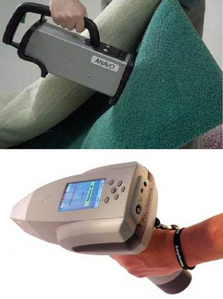 FIGURE 1. Several companies now offer handheld, battery-operated &ldquo;point and shoot&rdquo; NIR spectrometers for field-based materials-analysis applications such as carpet recycling. Axsun&rsquo;s Anavo (top) utilizes a tunable diode laser, while Polychromix&rsquo;s Phazir (bottom) uses a tungsten lightbulb. Both rely on proprietary MEMS switching technology to create the compact yet robust devices.