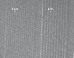 FIGURE 1. Nanoimprint lithography is a mechanical process that can pattern very-high-resolution nanometer-scale features-in this case, 6 nm line and 12 nm pitch-onto thermoplastic substrates. FIGURE 1. Nanoimprint lithography is a mechanical process that can pattern very-high-resolution nanometer-scale features-in this case, 6 nm line and 12 nm pitch-onto thermoplastic substrates.