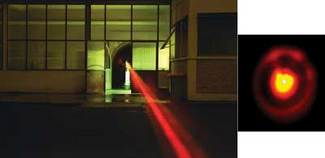 Plasma filaments approximately 100 &micro;m in diameter are created by a laser system producing an intensity of around 5&times;1013 W/cm2 (beam profile at 50 m distance is seen in inset).