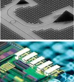 Monolithic chip manufacturing promises to make 40 Gbit/s optical active cables affordable for up to 300 m transmission. Direct mounting of optical fibers to the top of the chip (top) enables flip-chip-mounted lasers (bottom). Monolithic chip manufacturing promises to make 40 Gbit/s optical active cables affordable for up to 300 m transmission. Direct mounting of optical fibers to the top of the chip (top) enables flip-chip-mounted lasers (bottom).