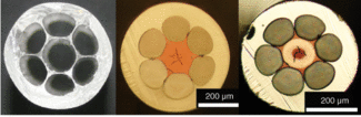 A quantum-dot and silica-nanoparticle-doped microstructured polymer optical fiber begins with a PMMA intermediate preform with a central air hole and six outer air holes (left). A doped-core preform is placed in the central air hole and the fiber is drawn to an outer diameter of 400 &micro;m. The end-face viewed in reflection shows the central core region with doped nanoparticles (center); when viewed in transmission (right), the white ring surrounding the red core is the undoped PMMA sleeve; the pink color shows guided fluorescence in the region between the PMMA sleeve and the outer air holes.