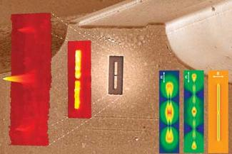 An electron-microscope micrograph of the facet of a QC laser with a built-in nanoantenna is shown with an atomic-force-microscope topographic image of the antenna (left) and an optical image obtained with a near-field scanning optical microscope, which shows the highly localized laser spot in the antenna gap (right).