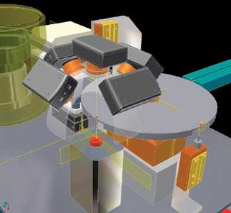 FIGURE 1. Five Shack-Hartmann wavefront sensors-one on-axis and four off-axis-measure the quality of mobile-phone camera lenses. Light from a multipinhole light source is used to illuminate the lens, and the five cameras record the spot patterns. A calibration image is taken using parallel light from a high-quality lens. After analysis, the good and bad lenses are automatically sorted out. The whole operation takes less than five seconds. The off-axis angles can be defined by the user.