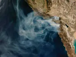 FIGURE 2. As it passed over Southern California at 3:10 p.m. on Oct. 24, 2007, NASA’s Terra satellite imaged the massive wildfires that devastated the area. FIGURE 2. As it passed over Southern California at 3:10 p.m. on Oct. 24, 2007, NASA’s Terra satellite imaged the massive wildfires that devastated the area.