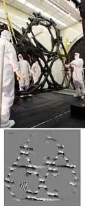 FIGURE 3. The support structure for the James Webb Space Telescope is placed in a cryogenic chamber to undergo testing for dimensional stability. Testing the structure with dynamic ESPI interferometry produces results such as the measurement data shown here (bottom). FIGURE 3. The support structure for the James Webb Space Telescope is placed in a cryogenic chamber to undergo testing for dimensional stability. Testing the structure with dynamic ESPI interferometry produces results such as the measurement data shown here (bottom).