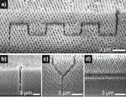 Two-photon polymerization is used to create embedded structures within a three-dimensional photonic-crystal lattice structure. A final acid and ozone etching steps removes the polymer and silica colloids, and leaves complex structures (a), straight vertical cylinders (b), vertical “y” splitters (c), and planar cavities (d) within the cystal. Scale bars are 3 µm in length and the colloidal sphere diameters are around 725 nm in diameter. Two-photon polymerization is used to create embedded structures within a three-dimensional photonic-crystal lattice structure. A final acid and ozone etching steps removes the polymer and silica colloids, and leaves complex structures (a), straight vertical cylinders (b), vertical “y” splitters (c), and planar cavities (d) within the cystal. Scale bars are 3 µm in length and the colloidal sphere diameters are around 725 nm in diameter.