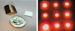 Microdischarge arrays are made in both flexible and rigid versions. A flexible array (top, at left) has a screen anode and is made up of 22 devices, each 50 µm in diameter, fabricated on 50-µm-thick nickel foil. A rigid array (top, at right) consists of eight 3 x 3 arrays of devices having silicon cathodes in the shape of inverted pyramids 50 x 50 µm in cross-section. A flexible 3 x 3 microdischarge array filled with neon at 400 Torr pressure emits orange light (bottom). These microcavities are 150 µm in diameter and have a center-to-center spacing of 300 µm. Microdischarge arrays are made in both flexible and rigid versions. A flexible array (top, at left) has a screen anode and is made up of 22 devices, each 50 µm in diameter, fabricated on 50-µm-thick nickel foil. A rigid array (top, at right) consists of eight 3 x 3 arrays of devices having silicon cathodes in the shape of inverted pyramids 50 x 50 µm in cross-section. A flexible 3 x 3 microdischarge array filled with neon at 400 Torr pressure emits orange light (bottom). These microcavities are 150 µm in diameter and have a center-to-center spacing of 300 µm.