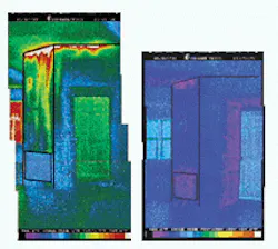 Researchers at the Florida Solar Energy Center (Cocoa, FL) use infrared imaging systems to improve the energy efficiency of air-conditioned homes. The pictures show the return air vent of a central AC unit. On the left, there is a leak in the return air duct that allows the system to suck hot air from the attic into the vent. This problem has been corrected in the image on the right. In both images the temperature range shown is from 66°F (dark colors) to 84°F (white). Researchers at the Florida Solar Energy Center (Cocoa, FL) use infrared imaging systems to improve the energy efficiency of air-conditioned homes. The pictures show the return air vent of a central AC unit. On the left, there is a leak in the return air duct that allows the system to suck hot air from the attic into the vent. This problem has been corrected in the image on the right. In both images the temperature range shown is from 66°F (dark colors) to 84°F (white).