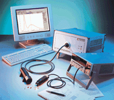 FIGURE 1. Typical LED testing setup includes a spectroradiometer connected via a fiber bundle to an optical probe for measuring luminous intensity.