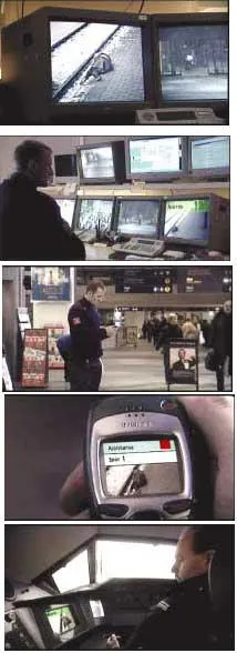 FIGURE 2. A simulated emergency of a person falling on railroad tracks illustrates image-processing and other capabilities of a 'smart' digital camera. From top to bottom, a smart camera monitoring the tracks sees the movement of a person falling, tracks it, zooms in on the person, and immediately sends an image and an alarm signal to the central station, to local security, and to the incoming train. FIGURE 2. A simulated emergency of a person falling on railroad tracks illustrates image-processing and other capabilities of a 'smart' digital camera. From top to bottom, a smart camera monitoring the tracks sees the movement of a person falling, tracks it, zooms in on the person, and immediately sends an image and an alarm signal to the central station, to local security, and to the incoming train.