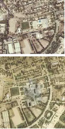 FIGURE 2. A satellite image shows the Republican Guard Palace in Baghdad before (top) and after (bottom) a bombing strike in last year's war in Iraq. Similar photos at 1-m resolution are commercially available on the Web. FIGURE 2. A satellite image shows the Republican Guard Palace in Baghdad before (top) and after (bottom) a bombing strike in last year's war in Iraq. Similar photos at 1-m resolution are commercially available on the Web.
