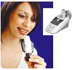 A patient is about to deposit a sputum/aerosol sample into a disposable collection device. The sample collector is then inserted into an optical reader to check for pathogens such as tuberculosis bacteria (inset). A patient is about to deposit a sputum/aerosol sample into a disposable collection device. The sample collector is then inserted into an optical reader to check for pathogens such as tuberculosis bacteria (inset).