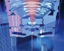 FIGURE 1. In one example of a water-jet-guided laser cutting system, the end of a high-power delivery fiber coupled to the laser is imaged into the nozzle through a window and a layer of pressurized water. FIGURE 1. In one example of a water-jet-guided laser cutting system, the end of a high-power delivery fiber coupled to the laser is imaged into the nozzle through a window and a layer of pressurized water.