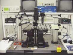 FIGURE 1. A motor-actuated workstation is used to test a fiberoptic-alignment scheme. One fiber array is placed on the fixed middle post, while the other fiber array is put on the left stage. The resolution of the stage&rsquo;s lateral movement is 50 nm. Two CCD cameras, one on the top, one on the back, are connected to the monitor to help the operator manually adjust the devices into a roughly aligned position.