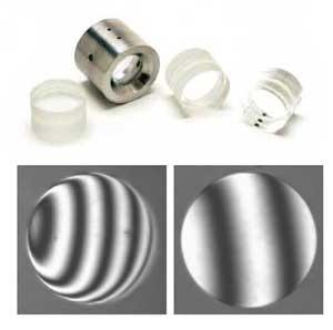 FIGURE 1. Solid and air-spaced UV etalons have a ring-spaced design that allows for cement-free fixturing, which is important for high-energy UV applications (top). As measured interferometrically, flatness of a &lambda;/3 window is contrasted with that of a &lambda;/20 window (bottom).