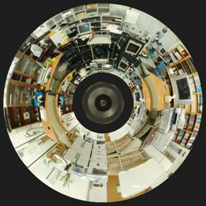 FIGURE 1. Two hyperboloidal mirrors separated by 120 mm and a plane mirror are used to capture an upper and lower radial view of a scene by a single CCD camera.