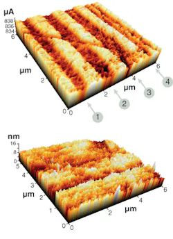 Conductivity mapping of a femtosecond-laser-exposed specimen of four different laser tracks (top) and corresponding topography (bottom) were obtained with a scanning thermal microscope. The topography map is used to identify changes in thermal conductivity that only result from structural changes in the material. The conductivity map reveals that some of these waveguides, fabricated in two passes, show an imperfect overlap. Conductivity mapping of a femtosecond-laser-exposed specimen of four different laser tracks (top) and corresponding topography (bottom) were obtained with a scanning thermal microscope. The topography map is used to identify changes in thermal conductivity that only result from structural changes in the material. The conductivity map reveals that some of these waveguides, fabricated in two passes, show an imperfect overlap.