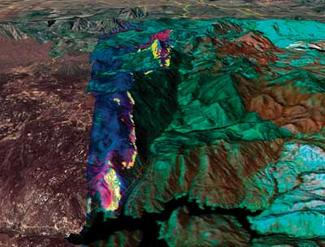 FIGURE 1. Thermal-IR imaging sensors on NASA&rsquo;s Ikhana unmanned research aircraft recorded this image of the Harris fire in San Diego County, CA, on Oct. 24, 2007, with hot spots along the ridgeline in left center clearly visible.