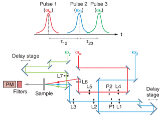 The three beams in the 2D-IR experiment include two IR (&omega;&alpha; and &omega;&beta;) and one visible (&omega;&gamma;). The time delays of the &omega;&beta; IR pulse and visible pulse relative to the &omega;&alpha; IR pulse (top) are controlled by two delay stages (bottom). The lenses (L1 to L7) are all of calcium. The four-wave-mixing signal is detected by a photomultiplier after going through a series of filters (three short-pass filters at 770 nm and a 40-nm-bandwidth interference filter at 700 nm). [5]