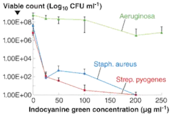 When mixed in solution with bacteria and activated by light, indocyanine green can kill nearly all the bacteria. Here, the solution is subjected to a 411 J/cm2 dose of 808 nm laser light at an intensity of 1.37 W/cm2. Varying indocyanine green concentrations were tested on three types of bacteria. When mixed in solution with bacteria and activated by light, indocyanine green can kill nearly all the bacteria. Here, the solution is subjected to a 411 J/cm2 dose of 808 nm laser light at an intensity of 1.37 W/cm2. Varying indocyanine green concentrations were tested on three types of bacteria.