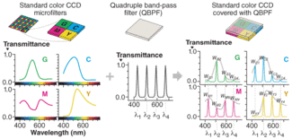 FIGURE 1. The combination of a quadruple bandpass filter with a CMYG color CCD modifies the sensitivity of the color pixels. Each pixel has a different level of sensitivity to each of the four narrow spectral bands.