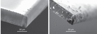 FIGURE 1. Scalable femtosecond lasers used at high scan rates perform well for cutting wafers, but results vary depending on scan speed. A SEM image of a wafer cut at 4 m/s scan speed (left) shows cleaner singulation than at 80 mm/s scan speed (right).