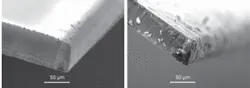 FIGURE 1. Scalable femtosecond lasers used at high scan rates perform well for cutting wafers, but results vary depending on scan speed. A SEM image of a wafer cut at 4 m/s scan speed (left) shows cleaner singulation than at 80 mm/s scan speed (right). FIGURE 1. Scalable femtosecond lasers used at high scan rates perform well for cutting wafers, but results vary depending on scan speed. A SEM image of a wafer cut at 4 m/s scan speed (left) shows cleaner singulation than at 80 mm/s scan speed (right).
