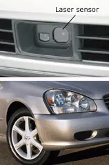 FIGURE 2. The laser-emitting portion and laser receiver on the Lexus are built into the front grille (top). The headlights on the 2002 Infiniti Q45 provide a wide distribution beam pattern powerful enough to obviate fog lights (bottom). FIGURE 2. The laser-emitting portion and laser receiver on the Lexus are built into the front grille (top). The headlights on the 2002 Infiniti Q45 provide a wide distribution beam pattern powerful enough to obviate fog lights (bottom).