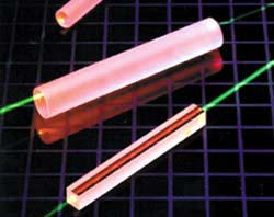 Sapphire rods, tinted pink by low levels of titanium doping, have strong absorption at blue and green wavelengths. Absorption takes place entirely by the upper laser energy band, with no parasitic excited state absorption.