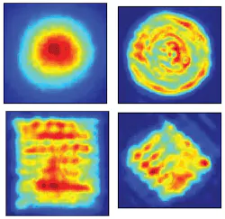 An intracavity liquid-crystal spatial light valve (LCLV) spatially varies the phase of a laser beam. With no LCLV, the beam is Gaussian (top left). When in place, the LCLV produces a circular 20th-order super-Gaussian mode (top right), a square 20th-order super-Gaussian mode (bottom left), and a 45°-rotated 20th-order super-Gaussian mode (bottom right). The super-Gaussian modes all have flat-top profiles. An intracavity liquid-crystal spatial light valve (LCLV) spatially varies the phase of a laser beam. With no LCLV, the beam is Gaussian (top left). When in place, the LCLV produces a circular 20th-order super-Gaussian mode (top right), a square 20th-order super-Gaussian mode (bottom left), and a 45°-rotated 20th-order super-Gaussian mode (bottom right). The super-Gaussian modes all have flat-top profiles.