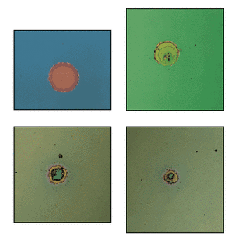 FIGURE 1. Coatings suffer catastrophic damage when defects absorb laser energy, generate heat, and cause melting or thermal stress fractures. A coating fails at relatively low thresholds of 11.77 (top left), 12.92, (top right), and 14.3 J/cm2 (bottom left) for 20-ns pulses at a 1064-nm wavelength, due to poor coating process control. A coating fails at 73.3 J/cm2 due to a coating defect (bottom right).