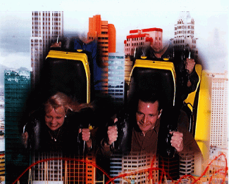 FIGURE 1. Picture overlay shows riders with theme background for the Manhattan Express roller coaster at the New York, New York Hotel & Casino (Las Vegas, NM).